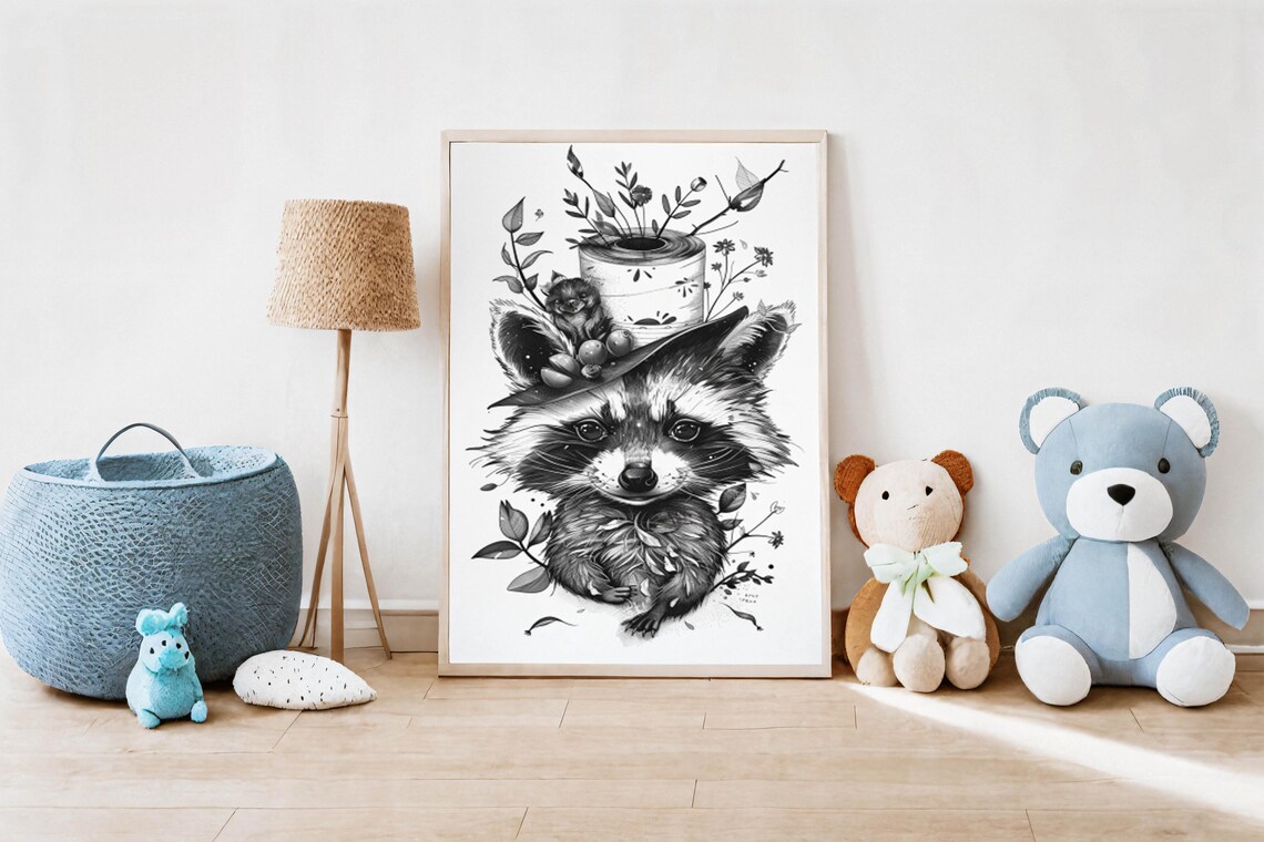 Cute Baby Raccoon with Woodland Hat Monochrome Whimsical Sketch Poster - Image 2