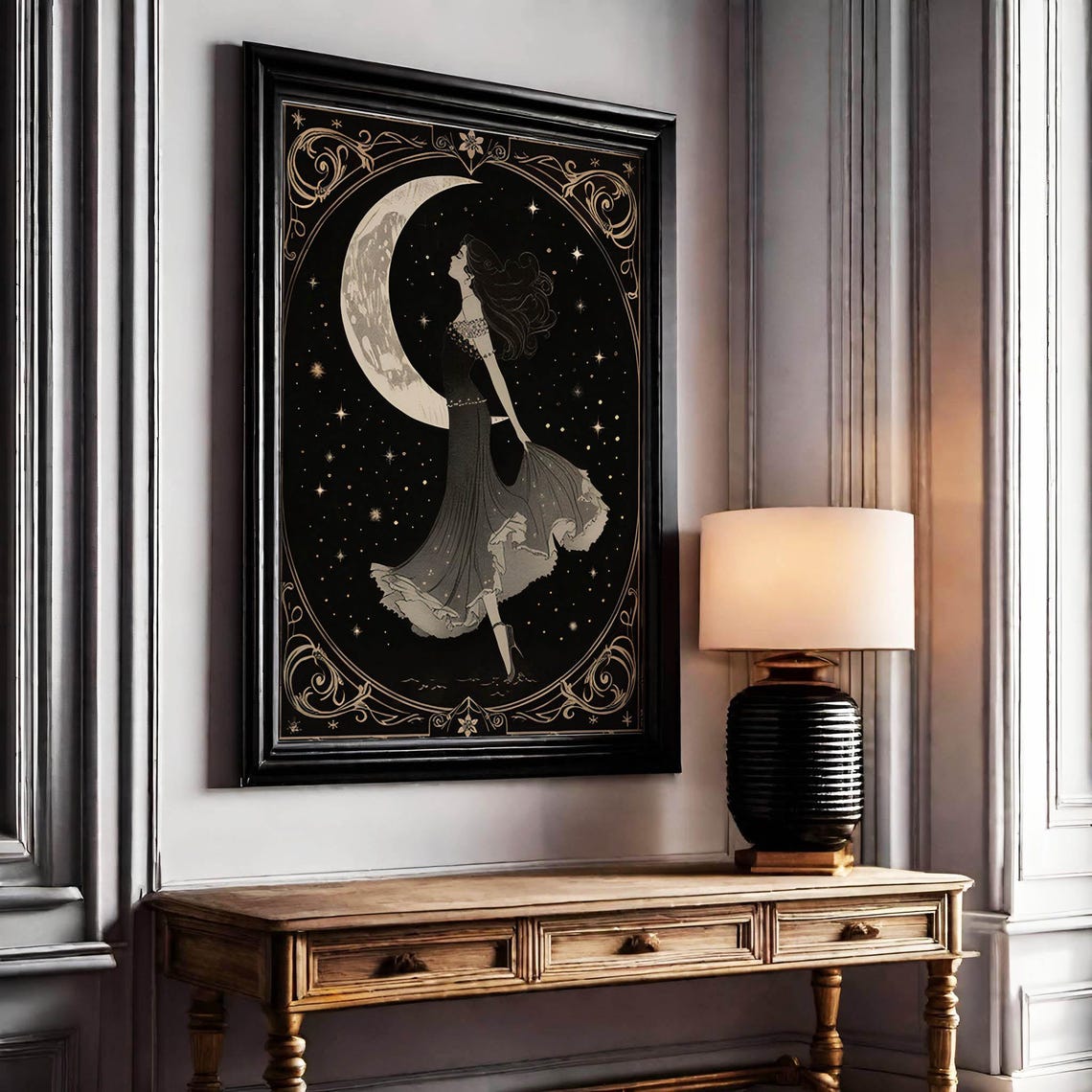 Moon Goddess in Flowing Gown Art Nouveau Crescent Moon Art Poster - Image 2
