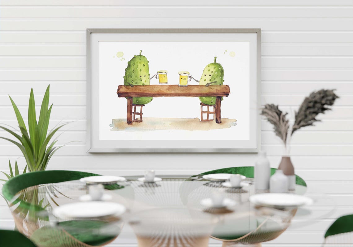 Two Cheerful Pickles Sharing Beer at a Bar in Watercolor Poster - Image 4