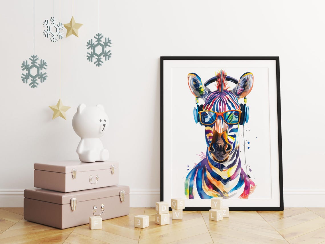 Vibrant Zebra Wearing Orange Glasses and Headphones Watercolor Poster - Image 3