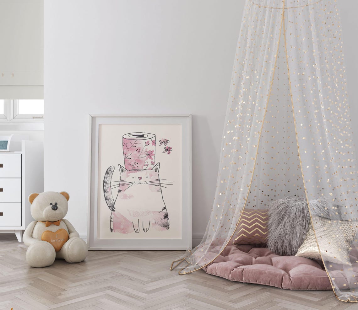 Cute Cat Balancing Floral Paper Roll on Head Watercolor Art Poster - Image 5