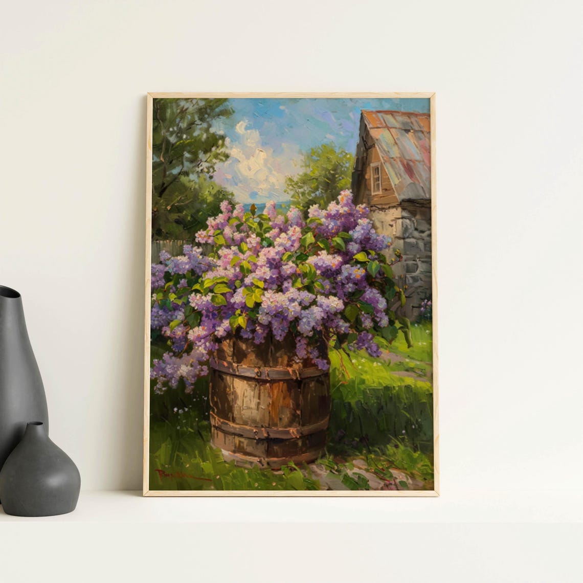 Lilac Blooms in Wooden Barrel by Stone Barn Oil Painting Poster