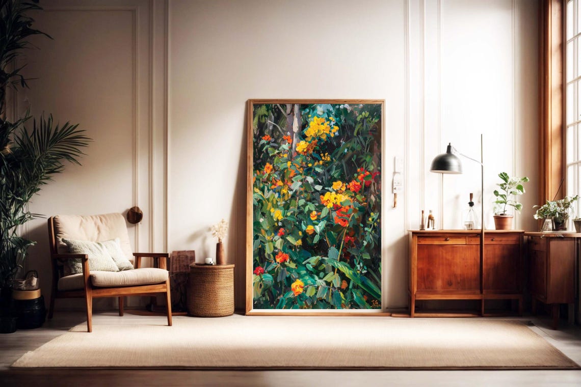 Lush Garden Blooming with Yellow and Red Flowers Oil Painting Poster - Image 2