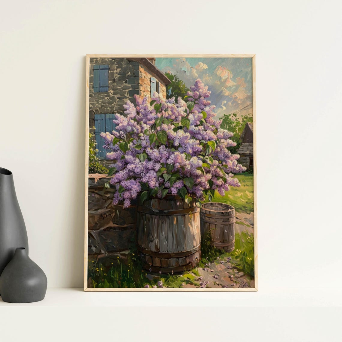 Lilac Bush by Stone House with Blue Shutters Countryside Poster