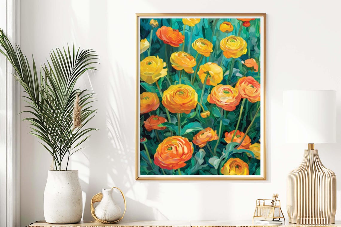 Vibrant Orange Buttercups Blooming Against Deep Teal Garden Poster - Image 5