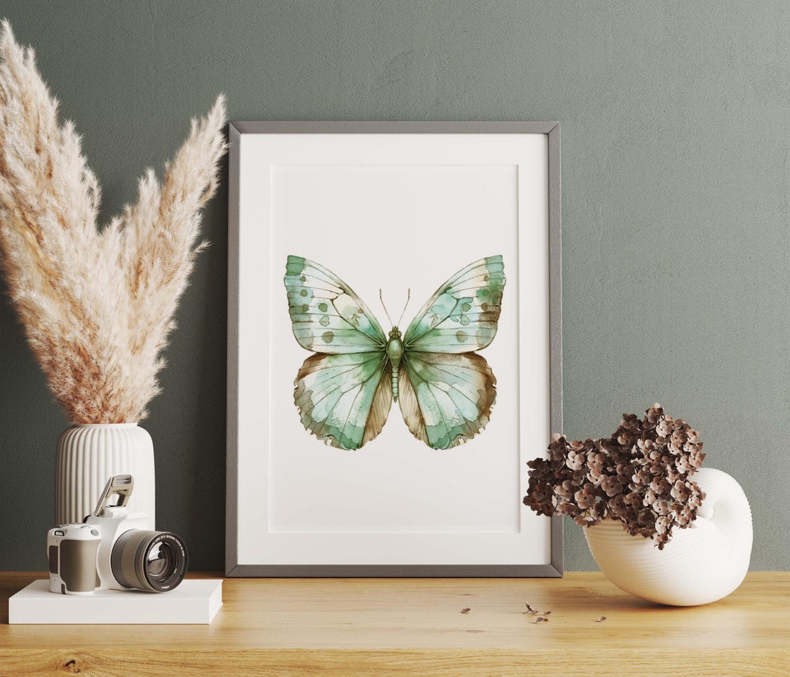 Emerald Green Butterfly Watercolor Study Minimalist Botanical Poster - Image 5