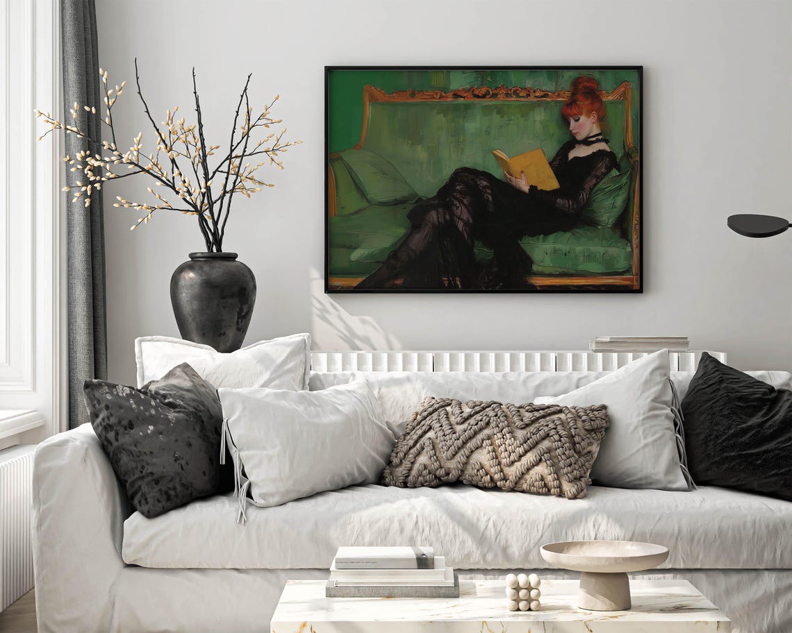 Red-Haired Woman Reading a Book on Emerald Sofa Vintage Poster - Image 6