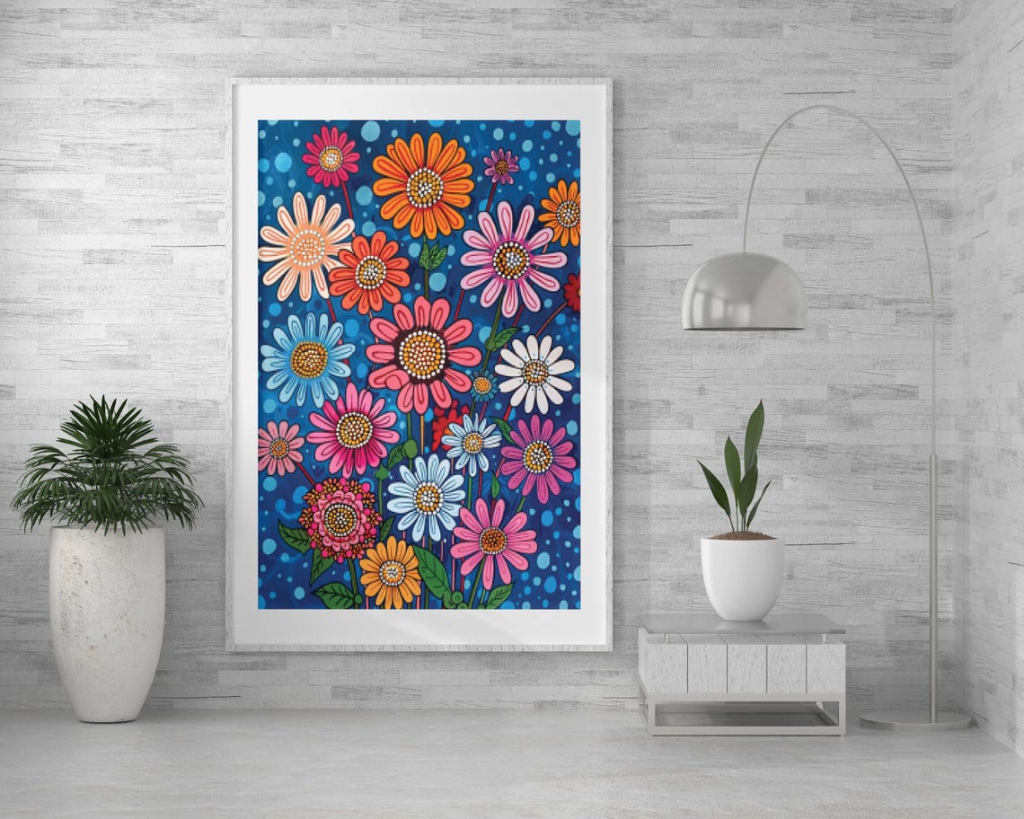 Colorful Folk-Art Daisies on Midnight Blue Background Poster - Image 2