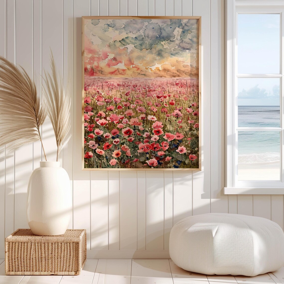 Red Poppy Field at Sunset Watercolor Floral Landscape Art Poster - Image 3