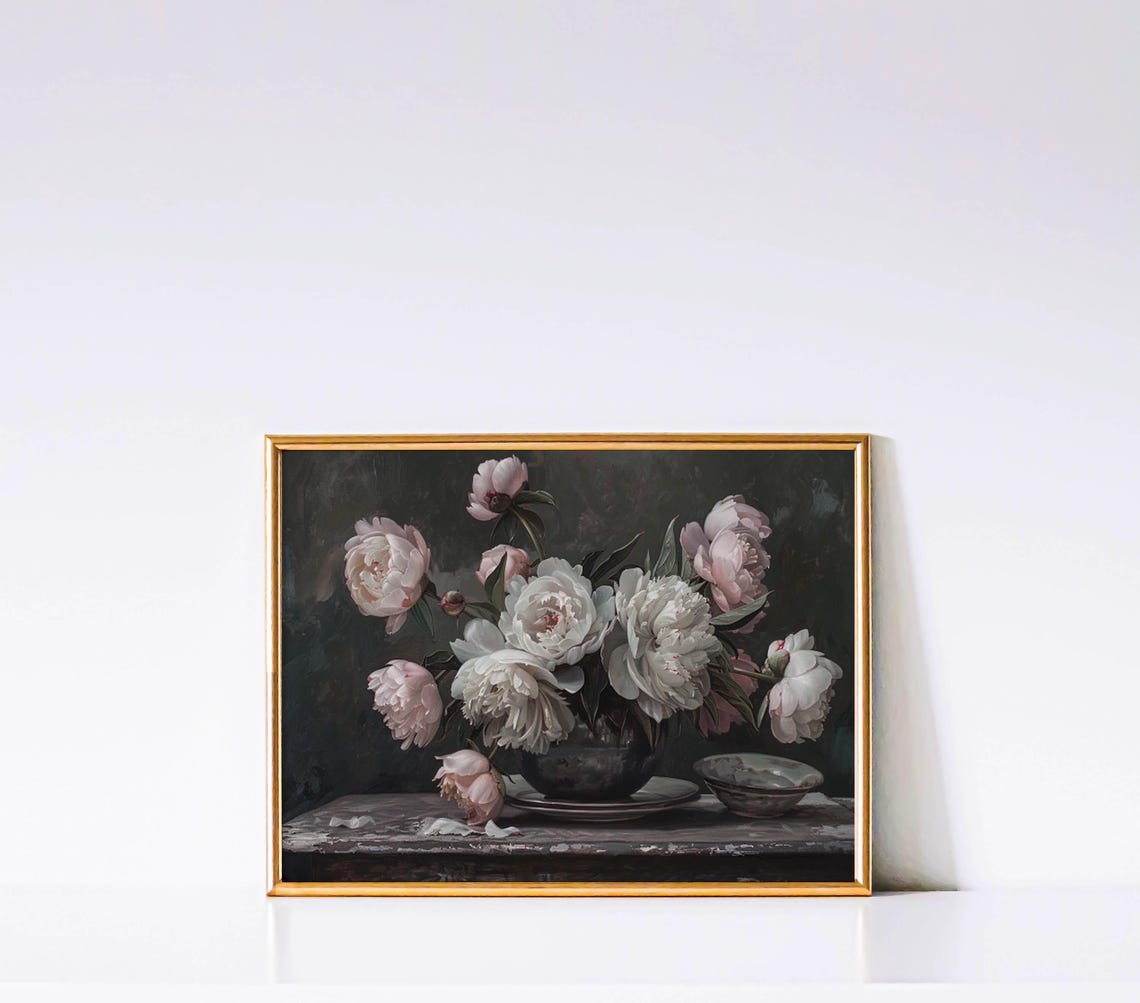 Blush Pink Roses in Dark Bowl Moody Floral Still Life Art Poster