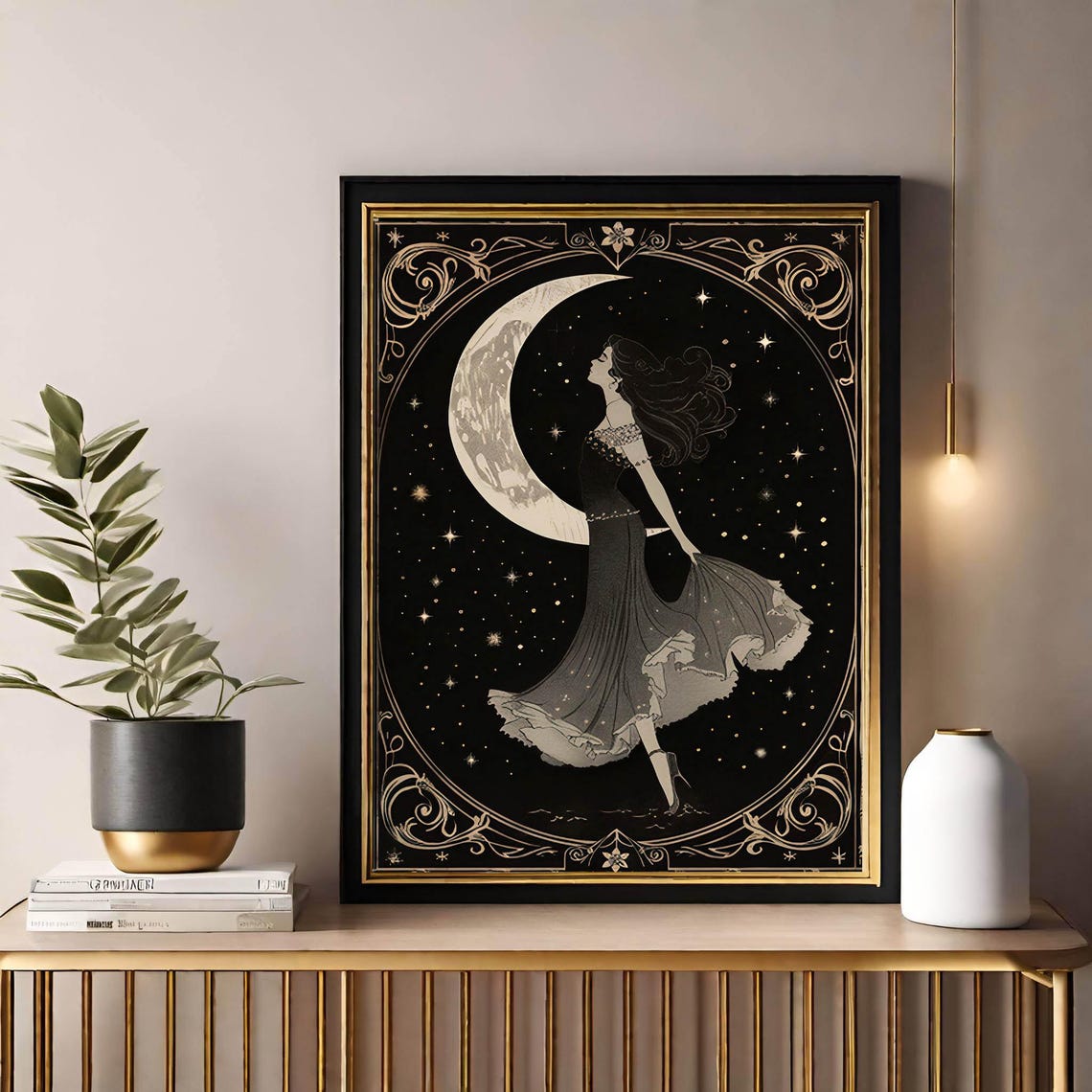 Moon Goddess in Flowing Gown Art Nouveau Crescent Moon Art Poster - Image 6
