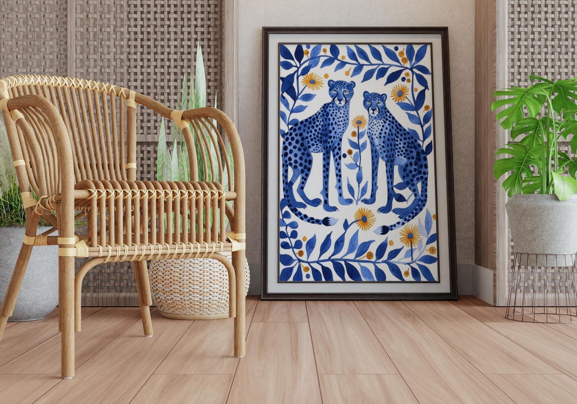 Two Blue Cheetahs Sitting Among Marigolds in Folk Art Style Poster - Image 6