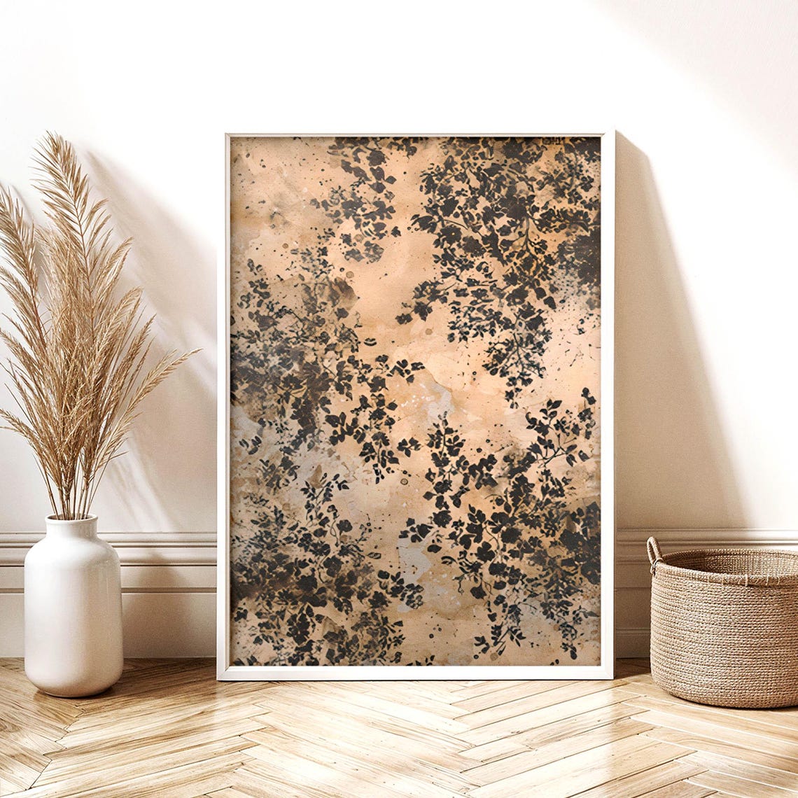 Abstract Beige Botanical Silhouette Art With Dark Foliage Poster