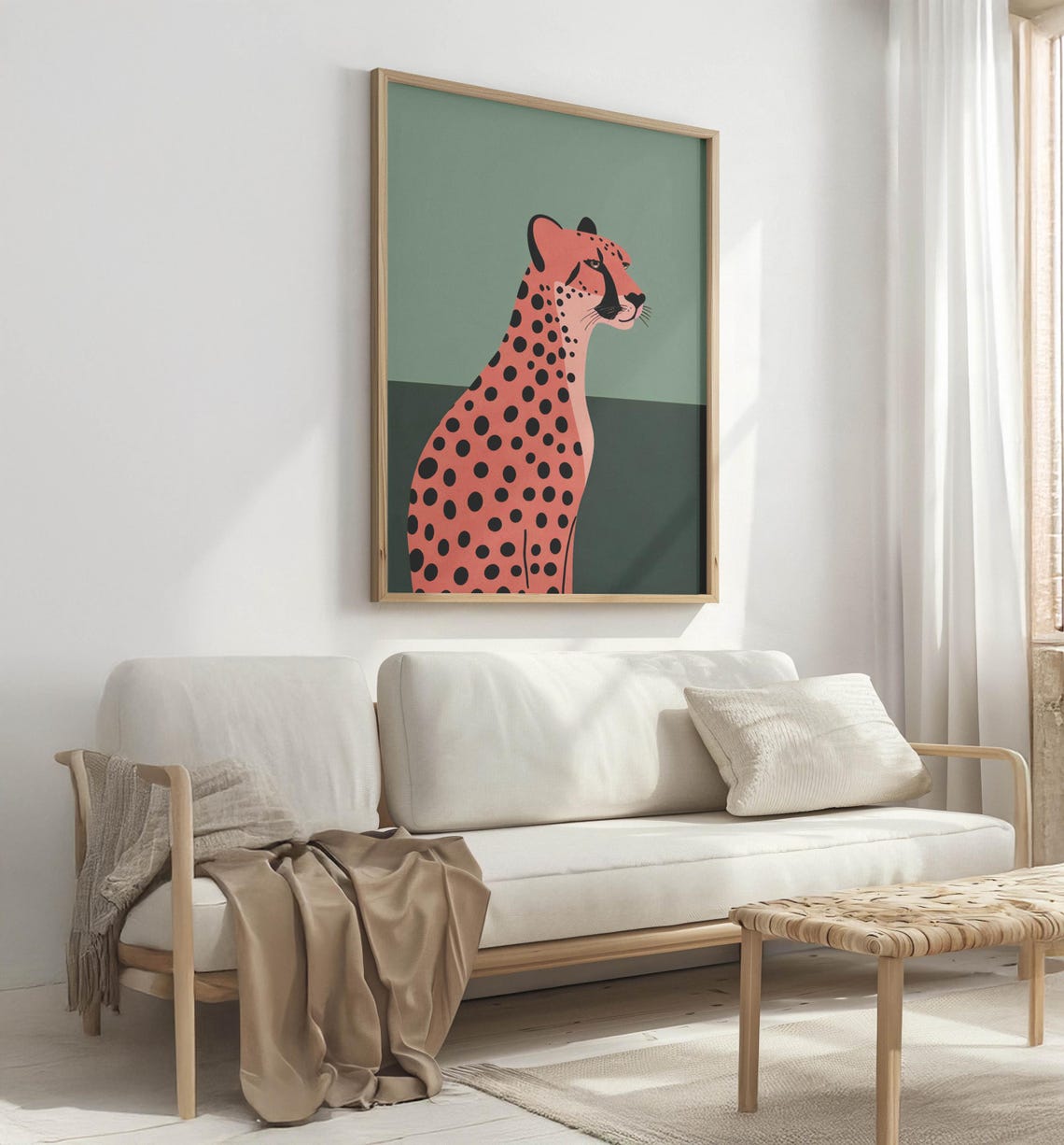 Coral Cheetah in Elegant Profile on Sage Green Minimalist Poster - Image 5