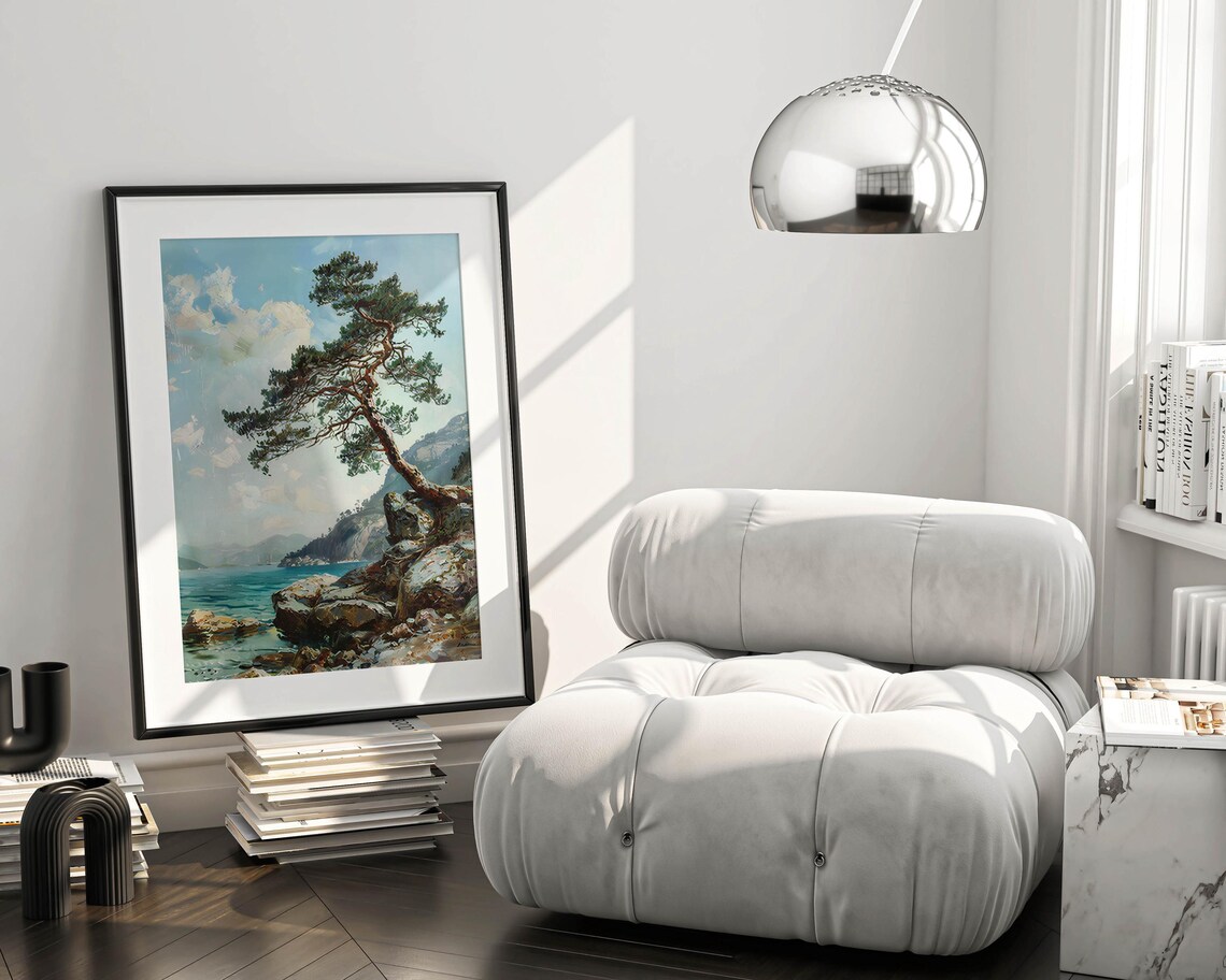 Cliffside Pine Tree Print Pine Tree Vintage Painting Cliffside Tree Portrait Pine Tree Rustic Art Pine Tree Gallery Decor Pine Poster - Image 6