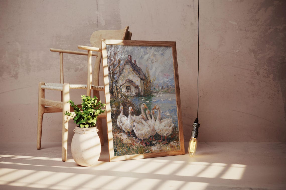 Flock of White Geese by a Cottage Pond in Impressionist Oil Poster - Image 3