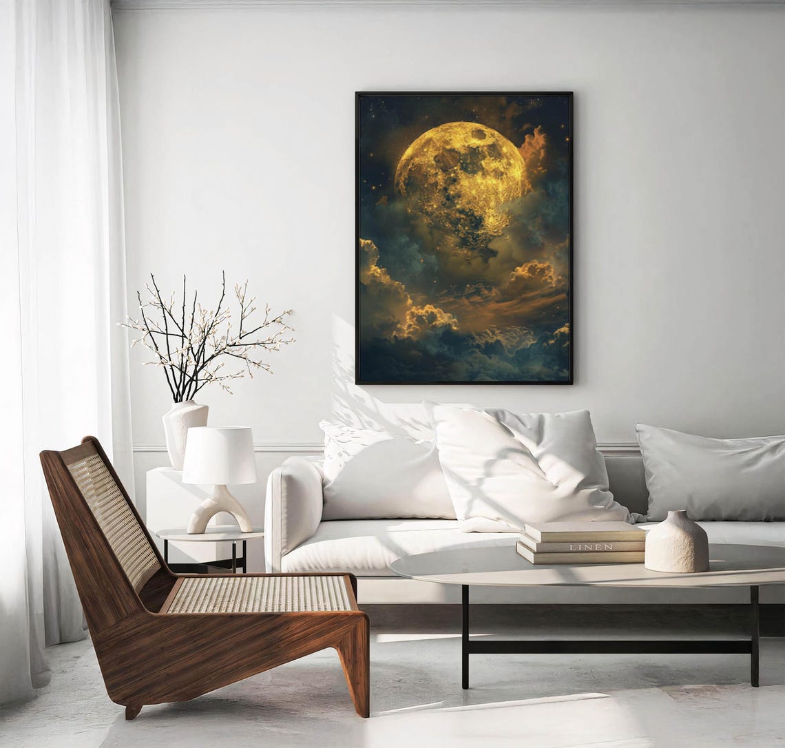 Giant Golden Moon Behind Dark Storm Clouds Moody Night Poster - Image 2