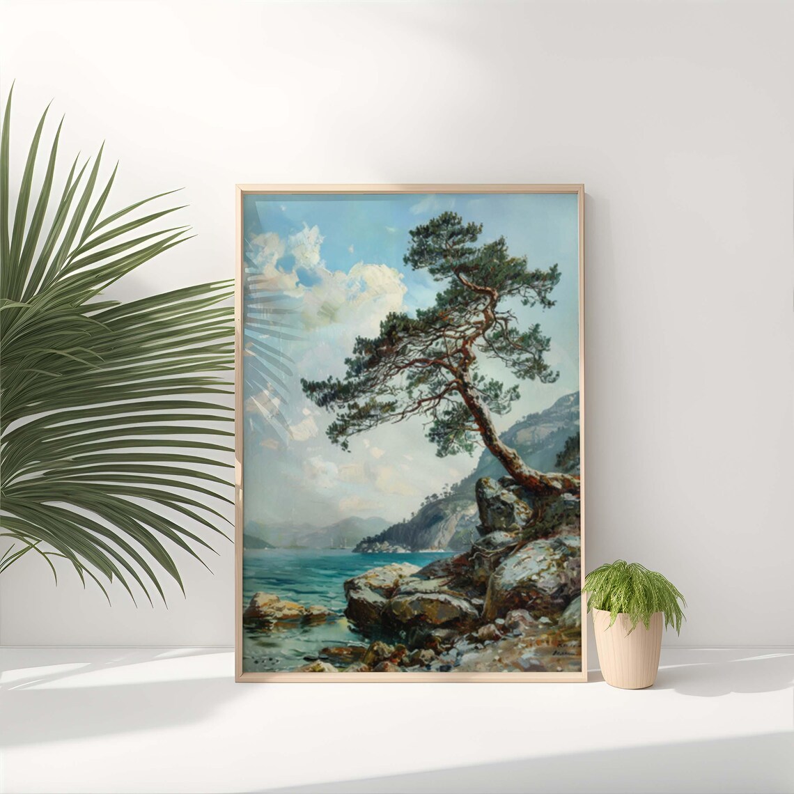 Cliffside Pine Tree Print Pine Tree Vintage Painting Cliffside Tree Portrait Pine Tree Rustic Art Pine Tree Gallery Decor Pine Poster - Image 4