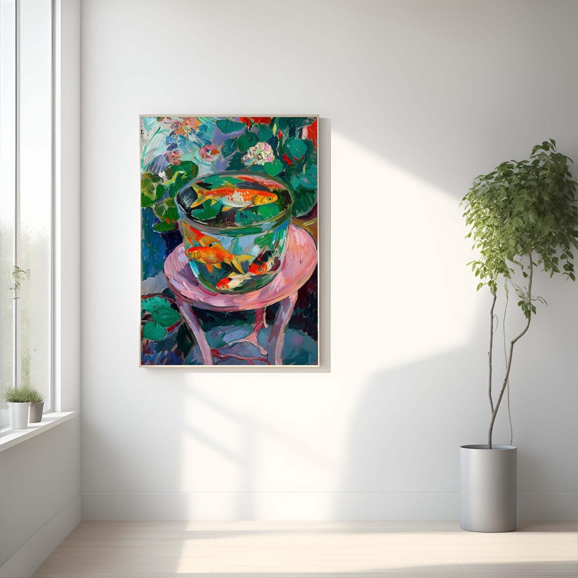Goldfish in a Glass Fishbowl Surrounded by Flowers Art Poster - Image 2