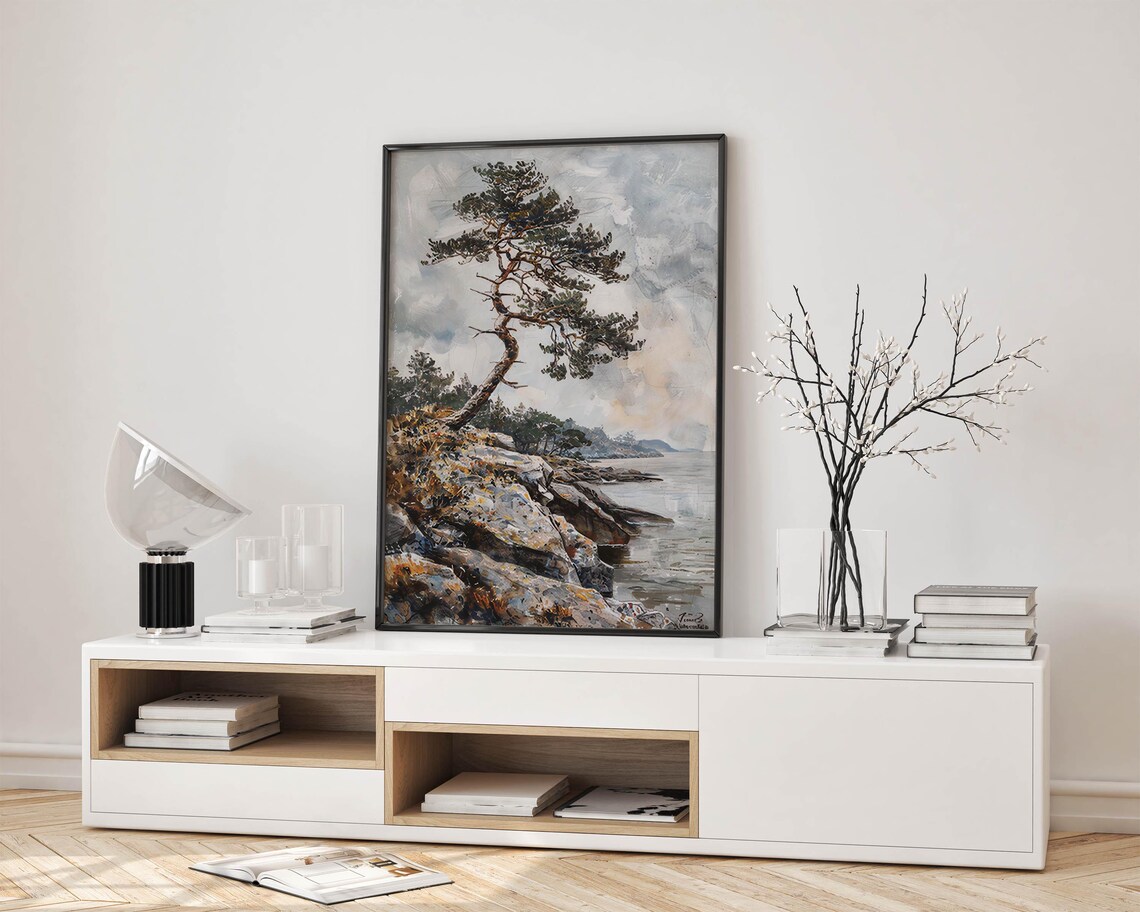 Cliffside Pine Painting, Minimalist Tree Portrait - Image 3