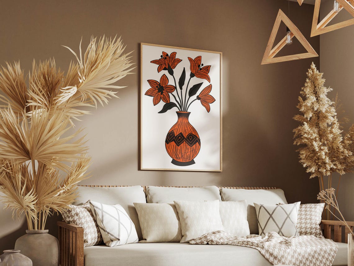 Orange Lilies in Tall Patterned Vase Rustic Botanical Line Art Poster - Image 3