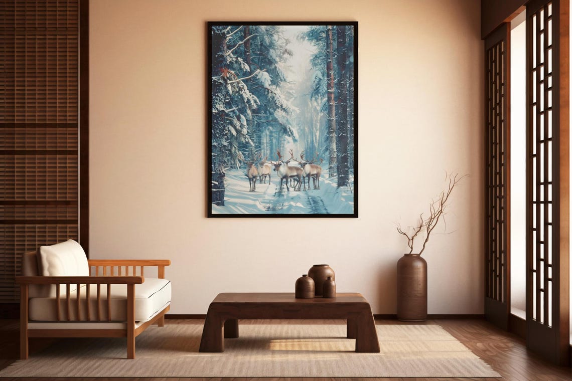 Reindeer Herd on a Snowy Trail Through the Pine Forest Poster - Image 5