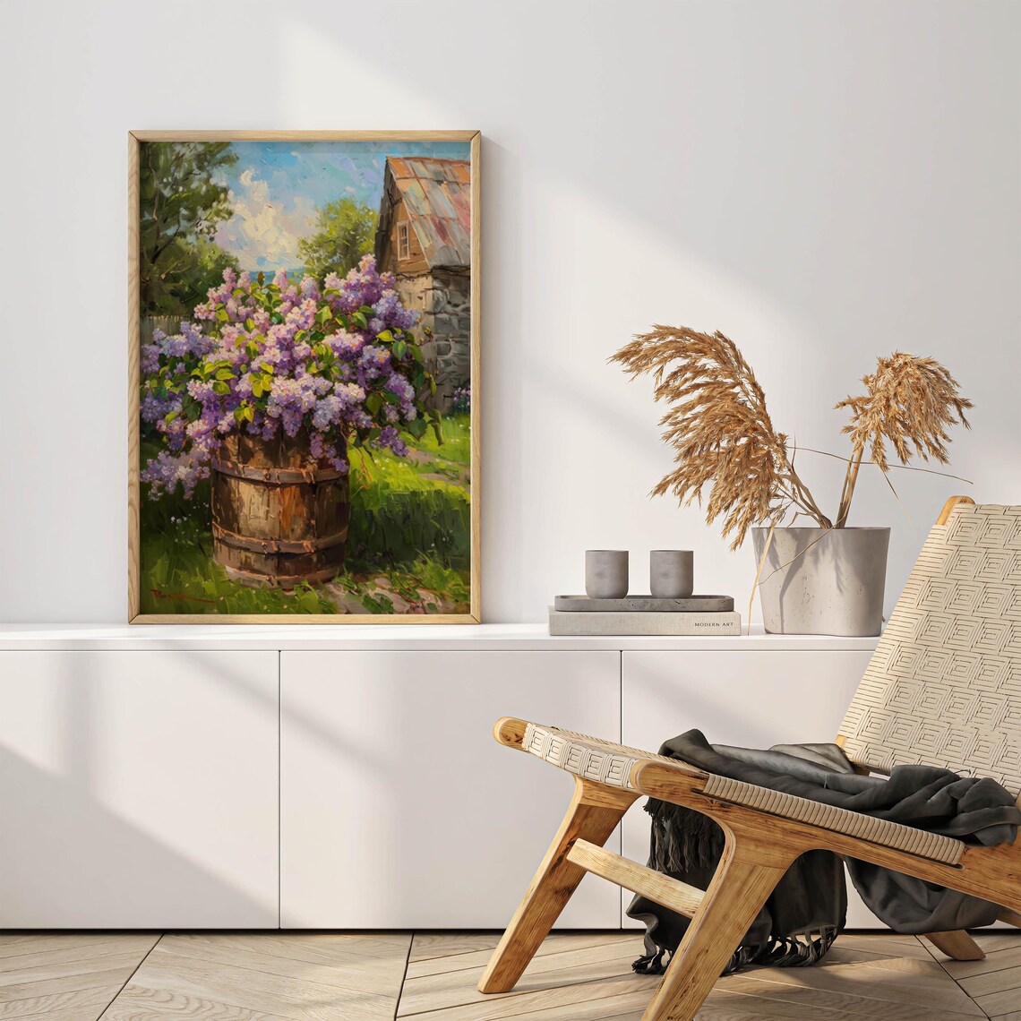 Lilac Blooms in Wooden Barrel by Stone Barn Oil Painting Poster - Image 6