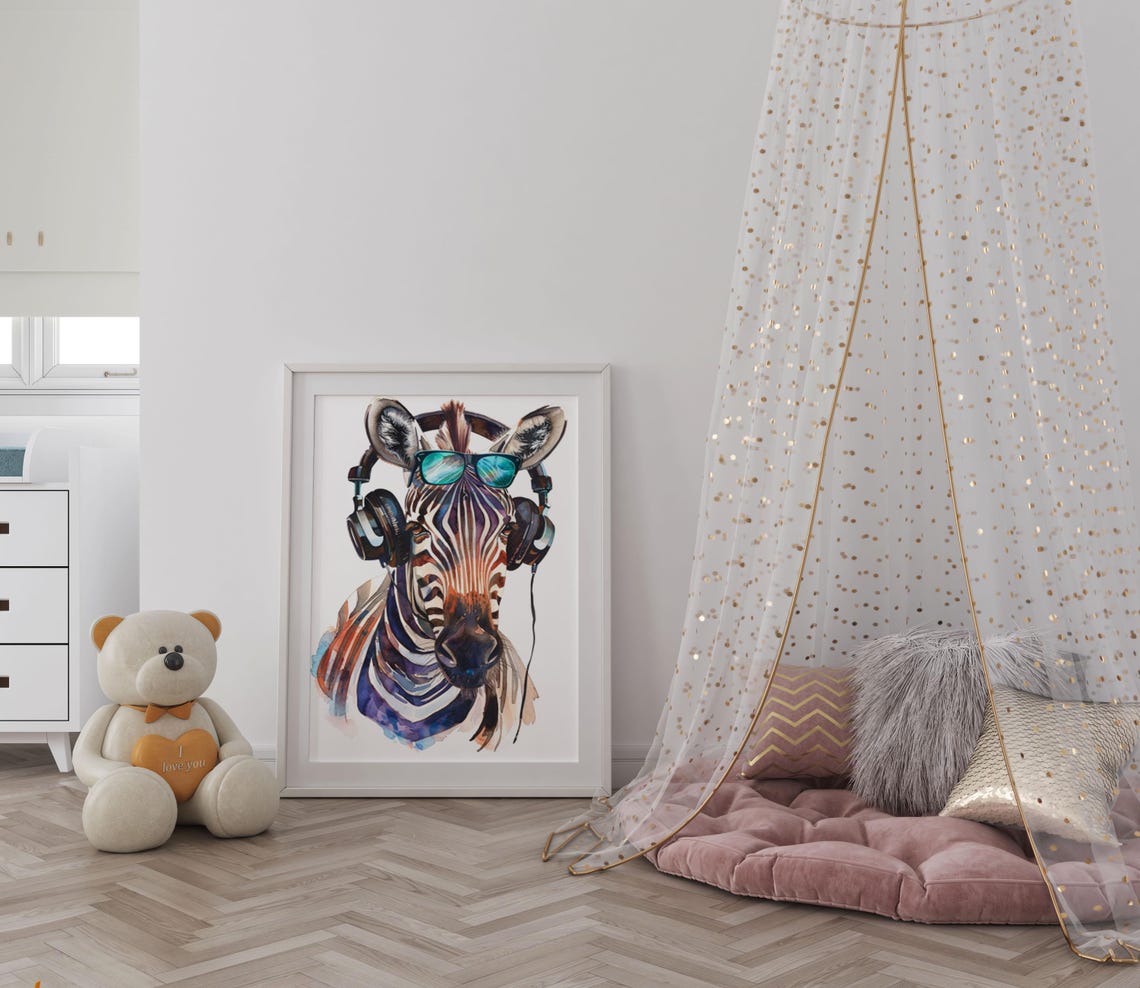 Cool Zebra Wearing Headphones and Sunglasses Watercolor Art Poster - Image 6