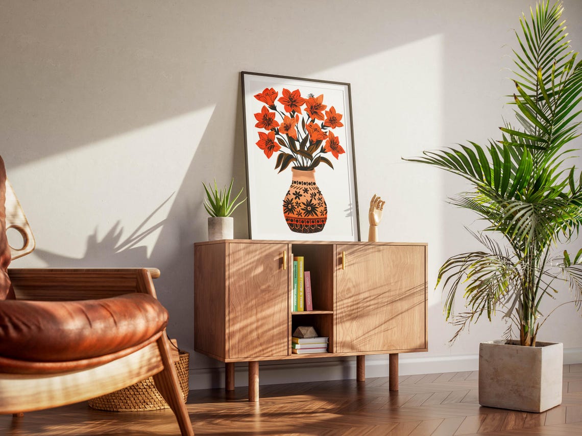 Red Lilies in Patterned Terracotta Vase Folk Art Botanical Poster - Image 4