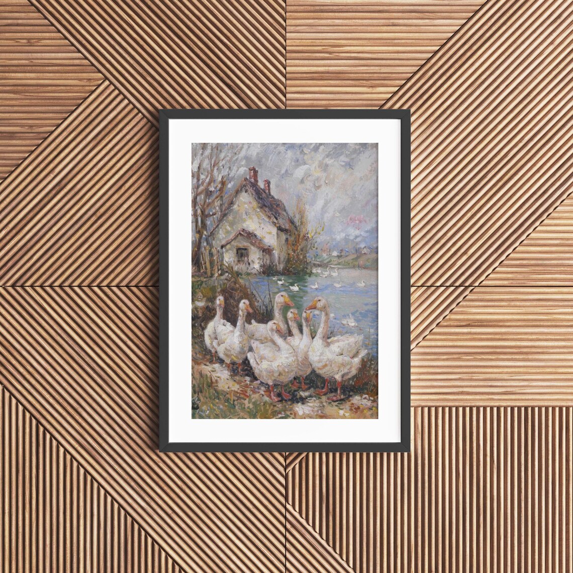 Flock of White Geese by a Cottage Pond in Impressionist Oil Poster - Image 6