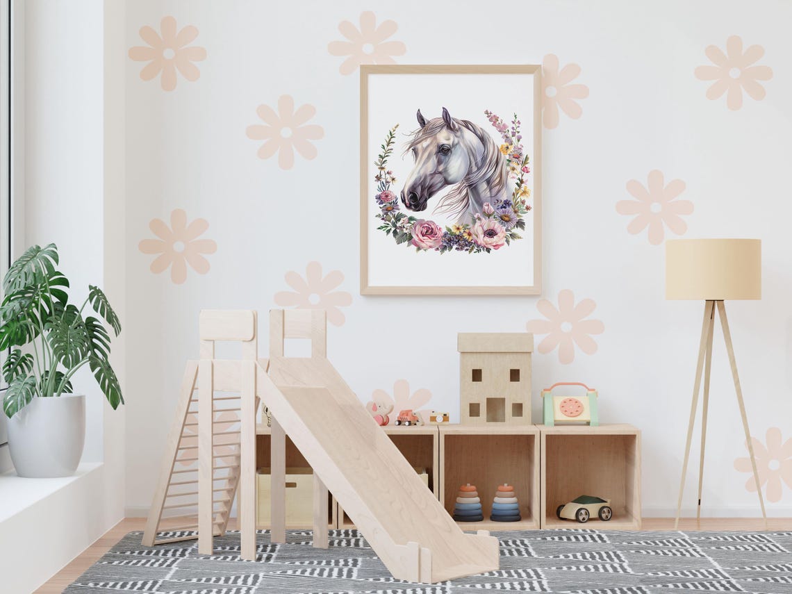 Gray Horse Portrait Adorned with Pink Roses Floral Wreath Poster - Image 6