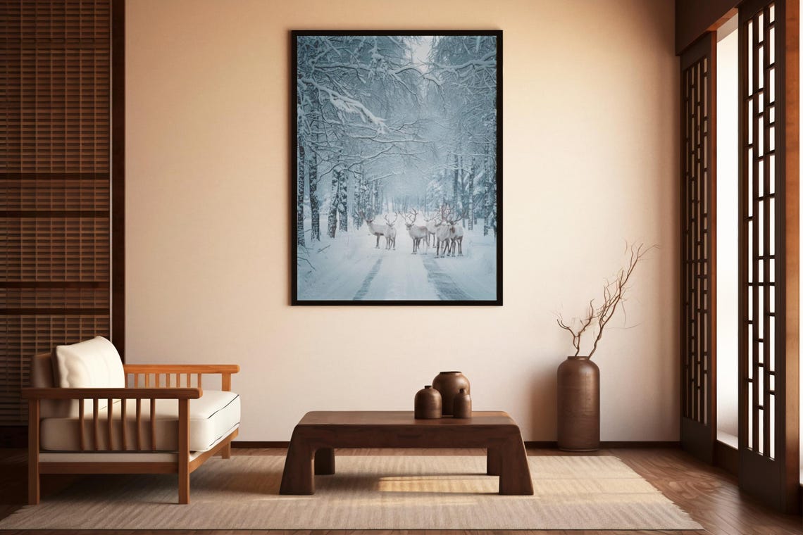 White Reindeer Herd on a Snowy Birch Forest Road Winter Poster - Image 2