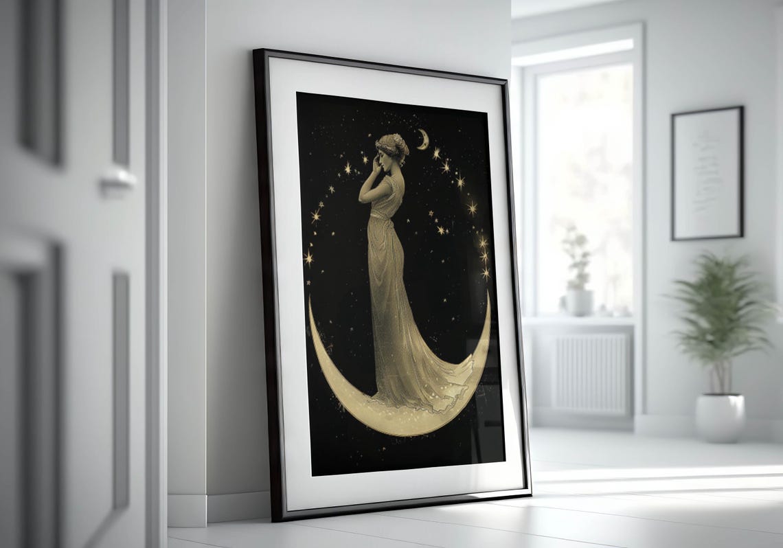 Art Nouveau Moon Lady in Gold Gown Standing on Crescent Moon Poster - Image 3