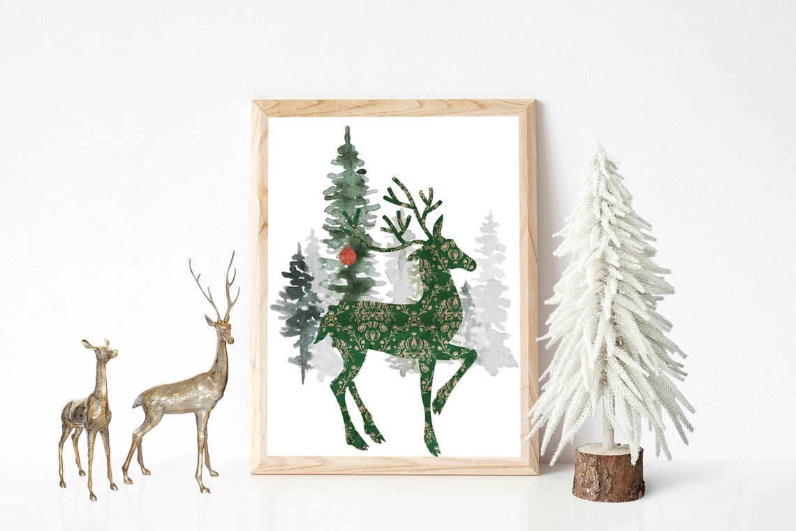 Emerald Green Damask Deer With Winter Pine Forest Holiday Poster - Image 3