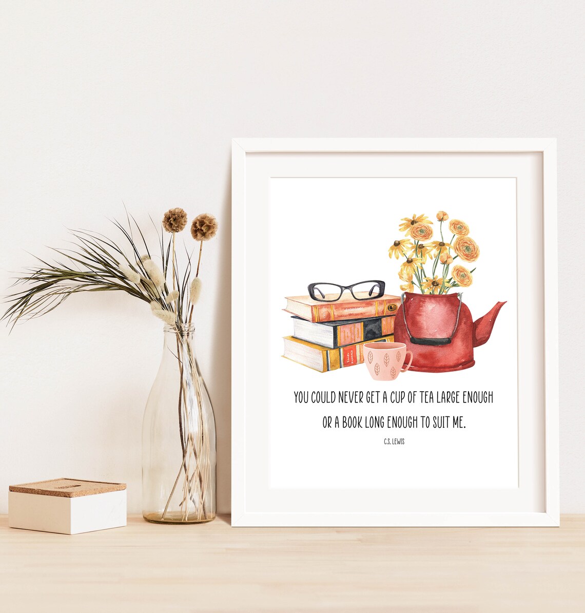 C S Lewis Tea and Books Quote Watercolor Reader Gift Wall Poster