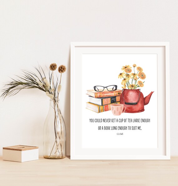 C S Lewis Tea and Books Quote Watercolor Reader Gift Wall Poster