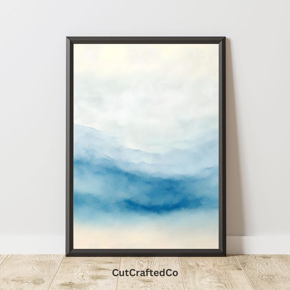 Blue Watercolor Mountain Wall Art Misty Landscape Print Serene Nature Decor Calm Tones Png
