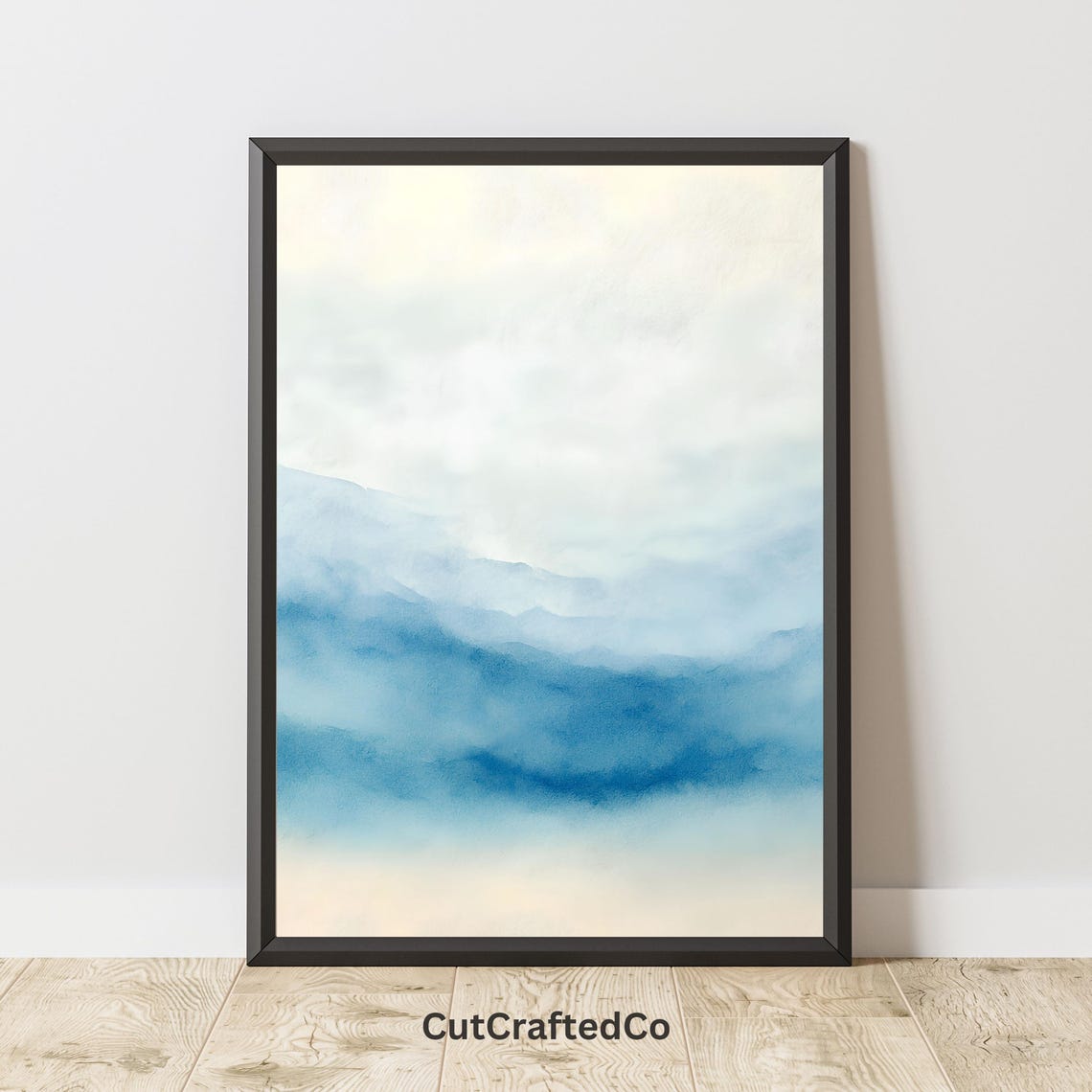 Soft Blue Watercolor Mountains Abstract Misty Ocean Art Poster