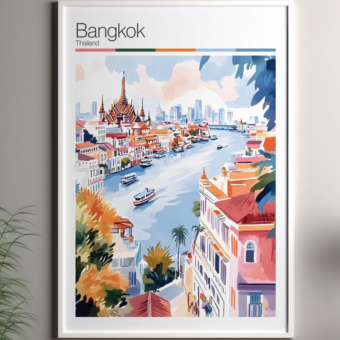 Bangkok Thailand Riverside Temple Boats Watercolor Travel Poster