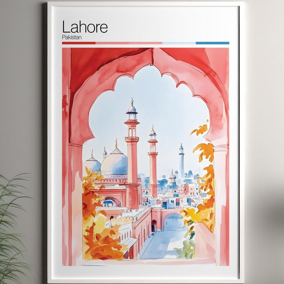 Lahore Pakistan Watercolor Travel Poster With Historic Red Mosque