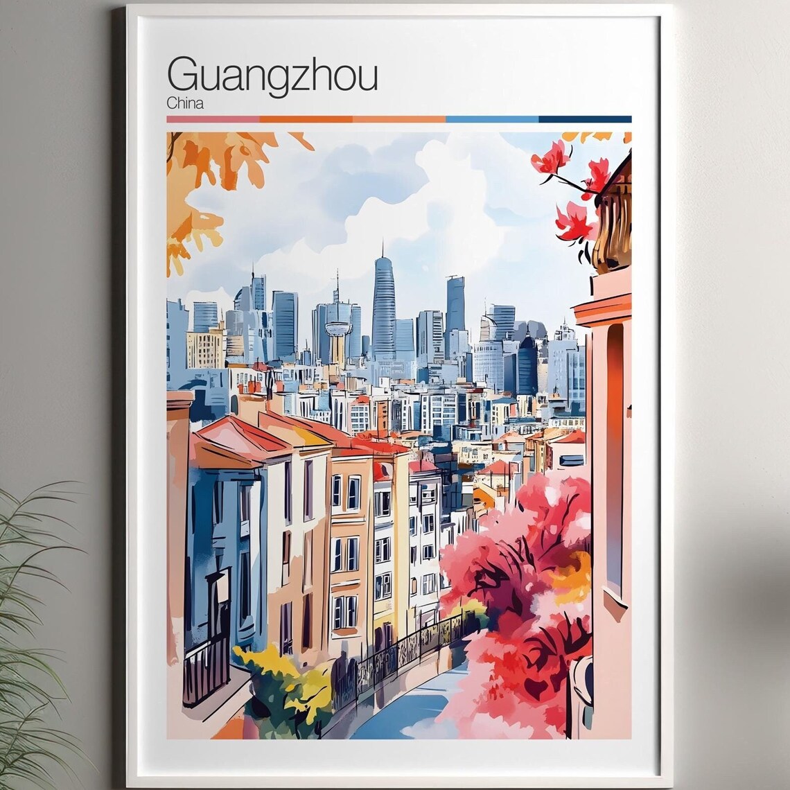 Guangzhou China Skyline Tower Watercolor Soft Color Travel Poster