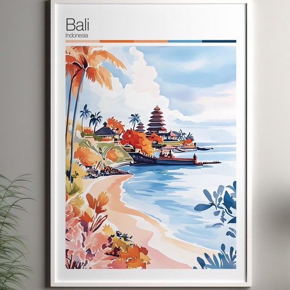 Bali Print Soft Colors Travel Poster Colourful Wall Art Indonesia City Decor For