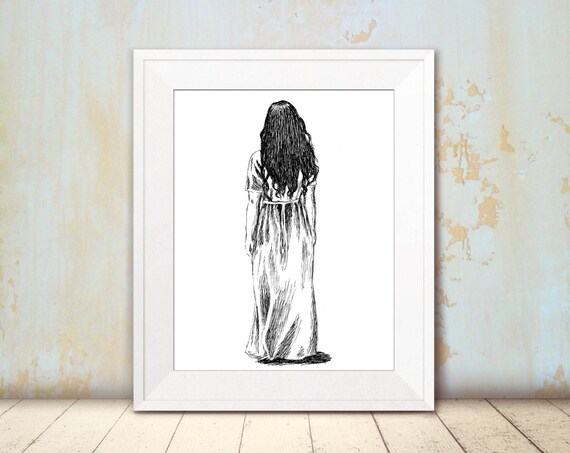 Woman in White Dress From Behind Ink Illustration Black and White Poster