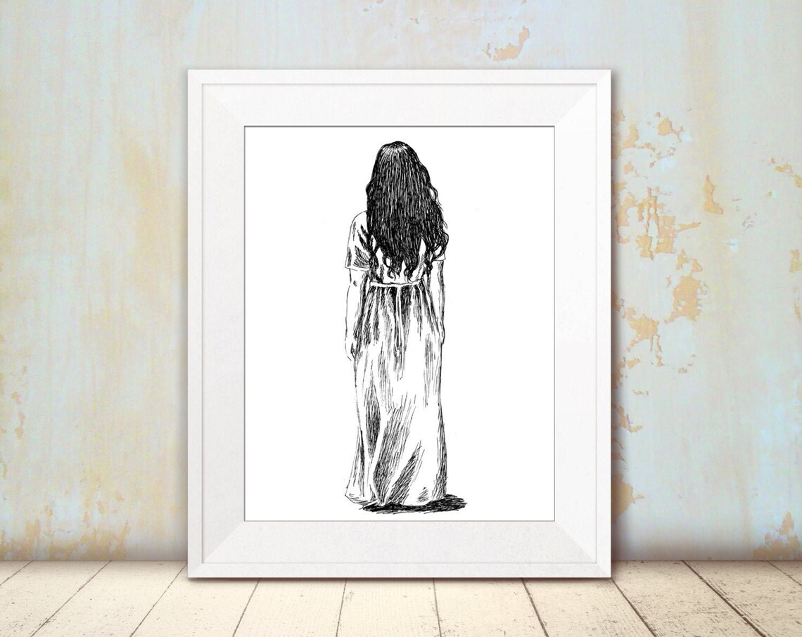 Woman in White Dress From Behind Ink Illustration Black and White Poster