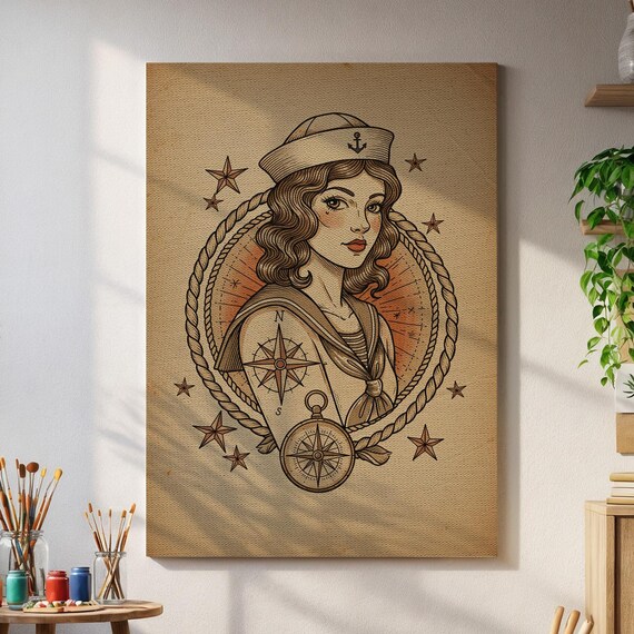 Vintage Sailor Girl Compass Tattoo Style Sepia Nautical Portrait Poster