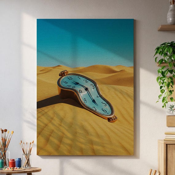 Surreal Desert Clock Canvas Art Melting Time Blue Watch Wall Print Dreamlike Surrealism Decor For Modern Homes Or Creative Spaces