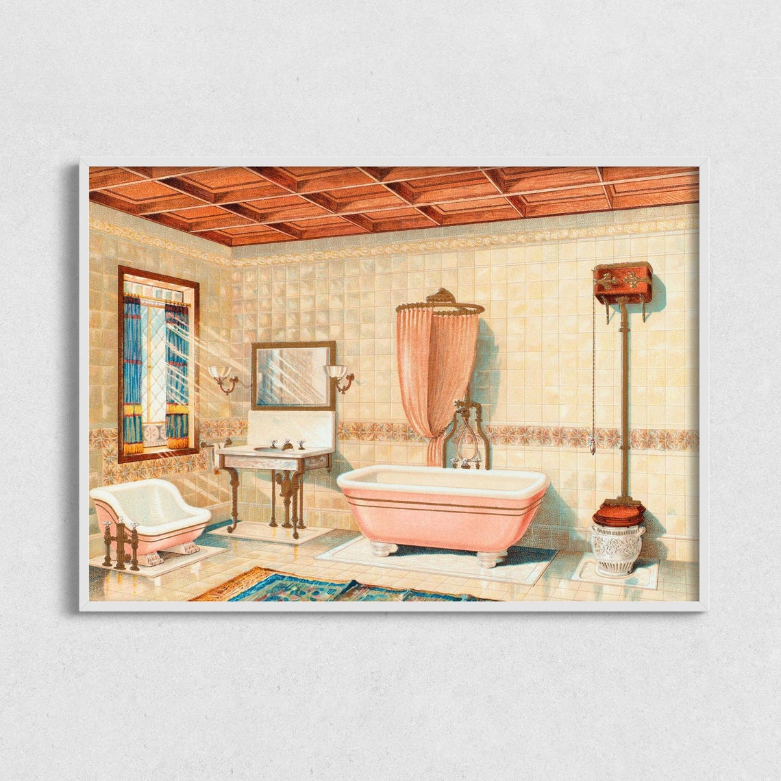 Pink Bathroom Drawing Vintage 50s Interior Design Wall Art Pink Decor