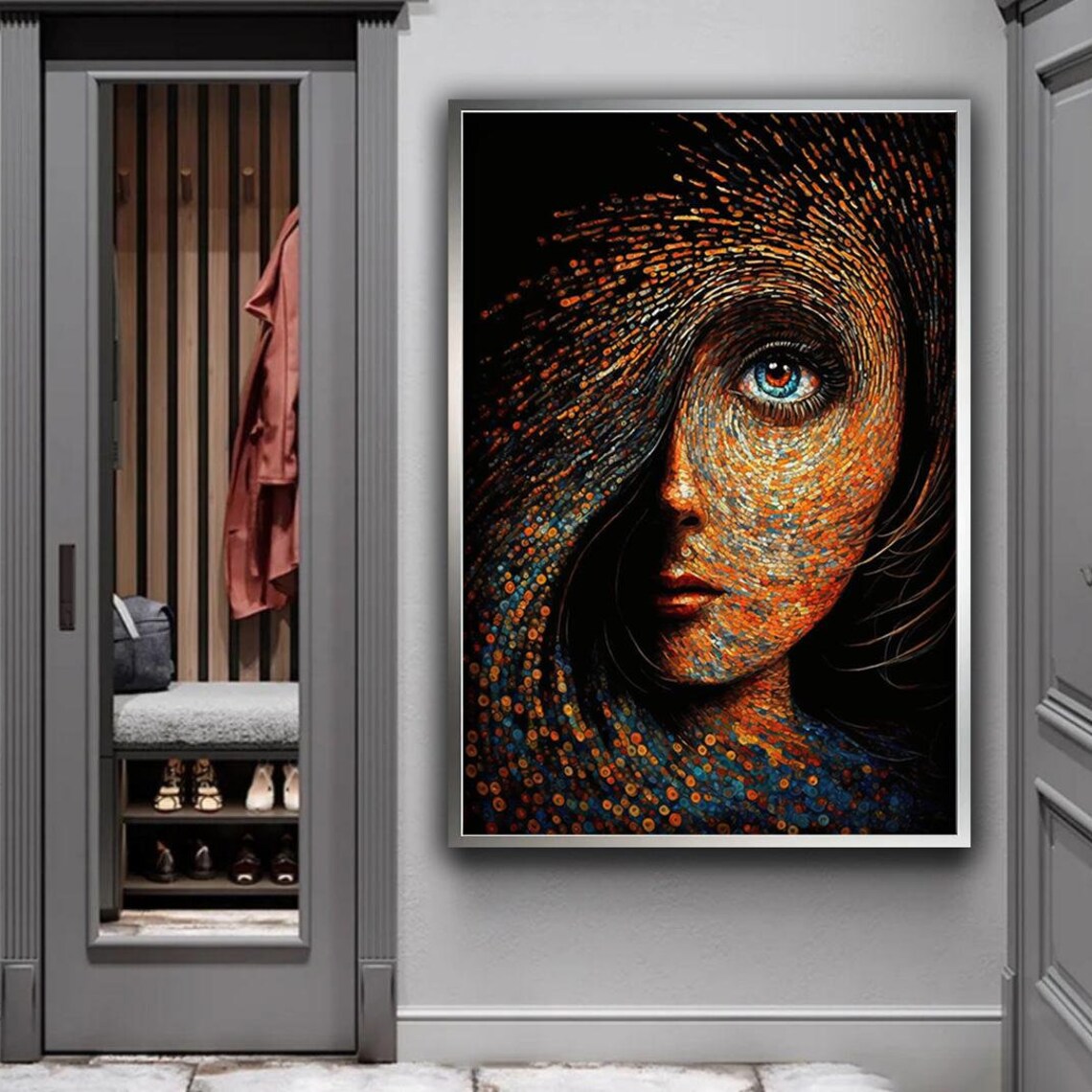 Mosaic Woman Profile Colorful Dots Swirling Hair Art Portrait Poster