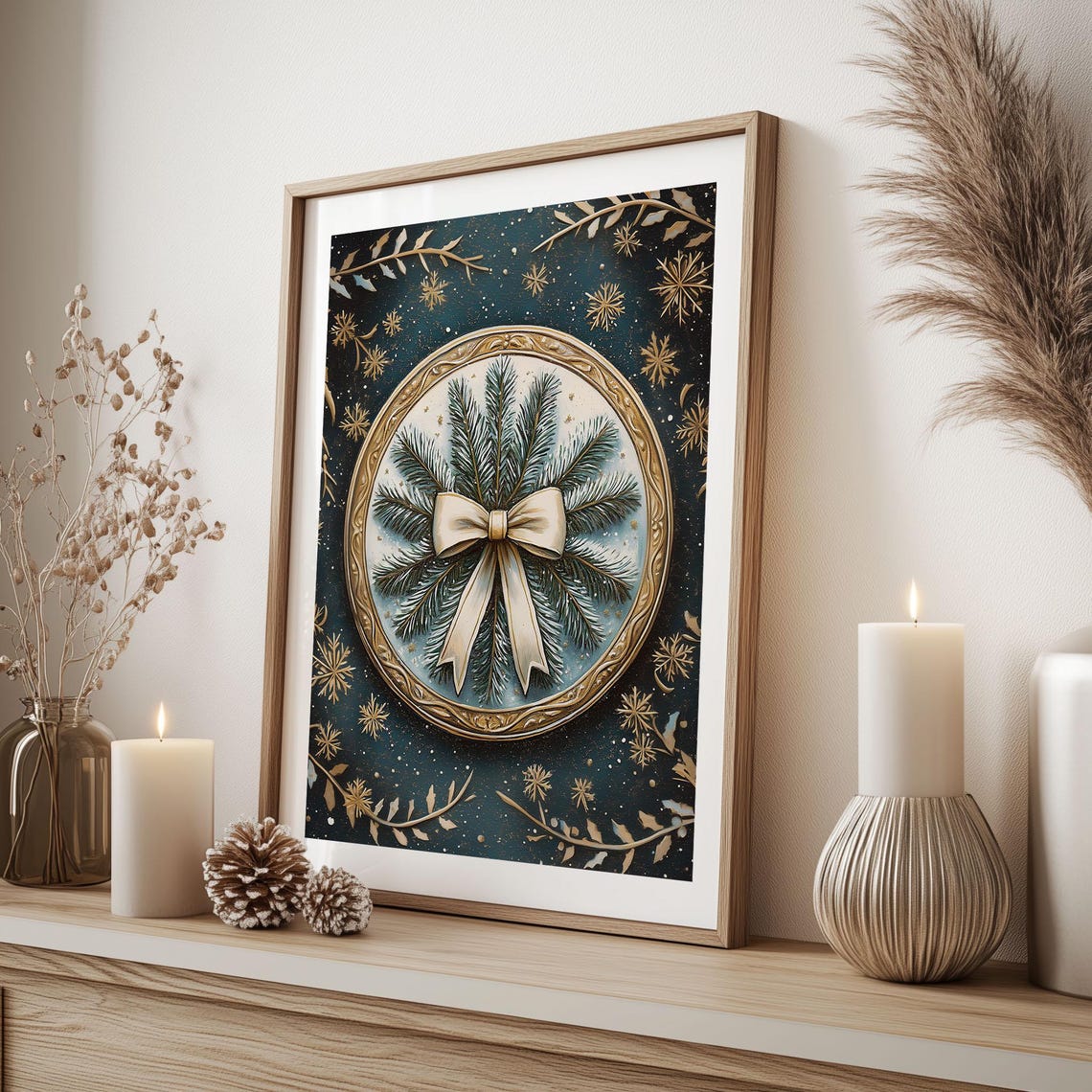 Frosted Pine Wreath Ivory Bow Vintage Holiday Medallion Poster - Image 3
