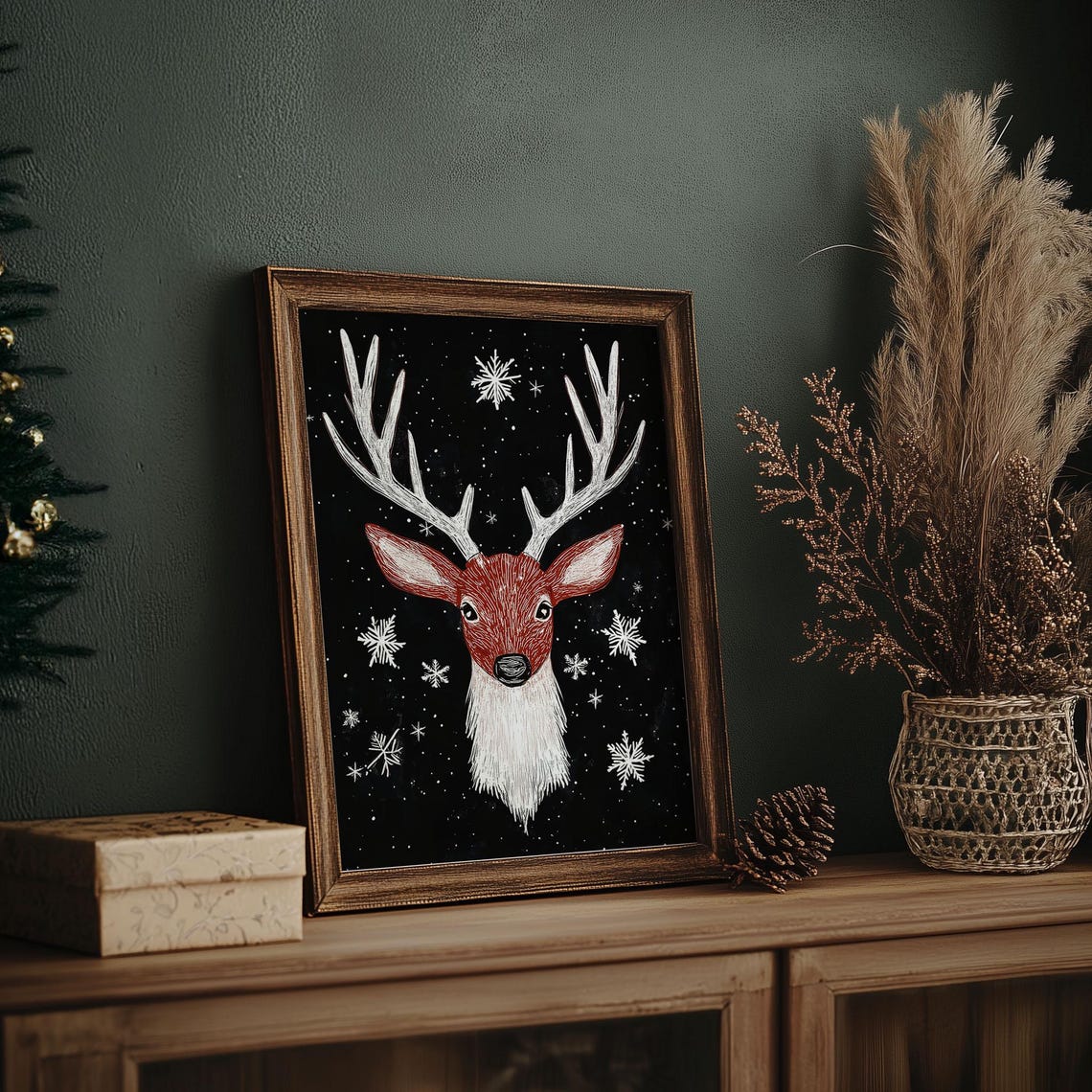 Red Deer Head Chalkboard Art with Snowflakes Black Christmas Poster - Image 7